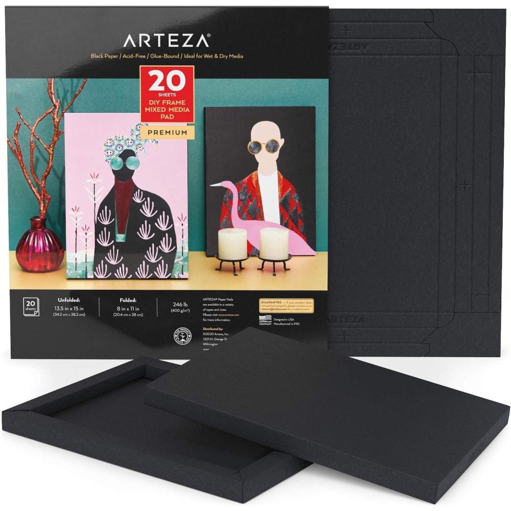 imageARTEZA Mixed Media Paper Foldable Canvas Pad 8x11 Inches 20 Sheets Black Paper