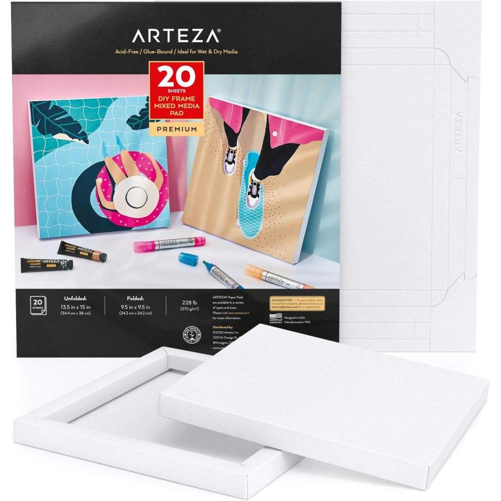 imageARTEZA Mixed Media Paper Foldable Canvas Pad 95x95 Inches 20 Sheets DIY Frame Heavyweight Multimedia Paper 228 lb 370 GSM AcidFree Art Supplies for Painting ampamp Mixed Media Art