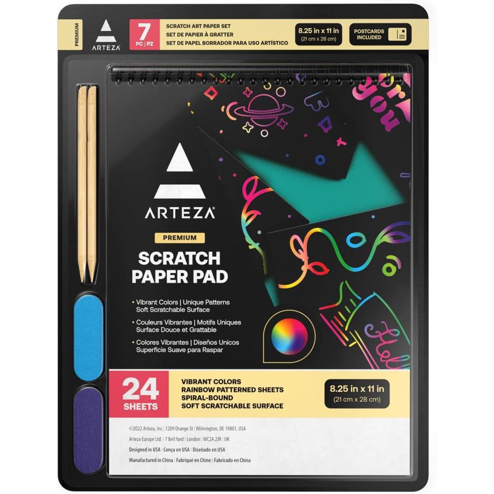 imageARTEZA Scratch Paper Set of 24 Sheets 825 x 11 Inches Kit Includes 24 Rainbow Sheets 2 Scratchers 2 Stencils 2 Post Cards Art Supplies for Craft and DIY Projects