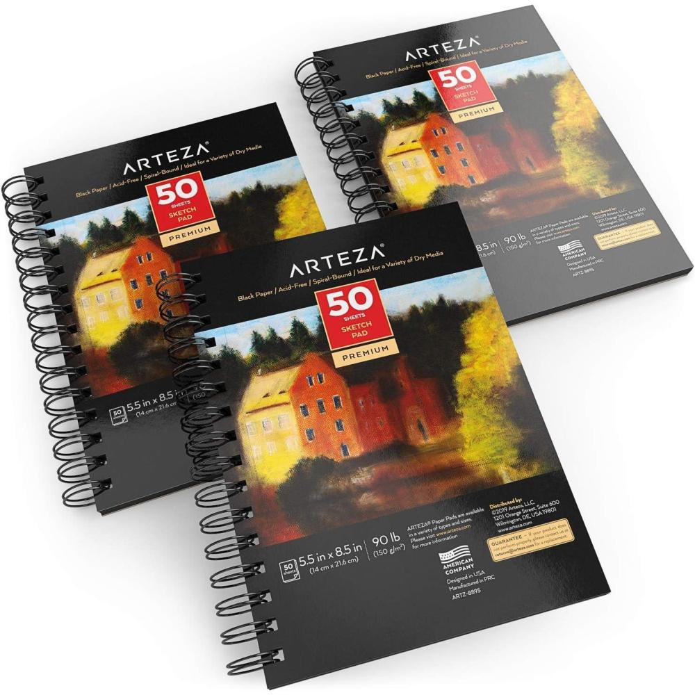 imageARTEZA Spiral Sketch Book 55x85 Black Art Paper Drawing Pad 3 Pack 50 Sheets Sketch Pads for Drawing55x85 inch 3 pack