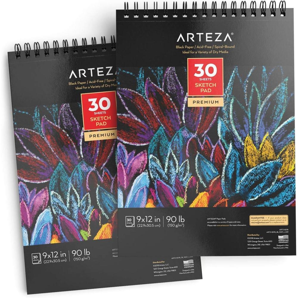 imageARTEZA Spiral Sketch Book 9x12 Black Art Paper Drawing Pad 2 Pack 30 Sheets Sketch Pads for Drawing2 Pack