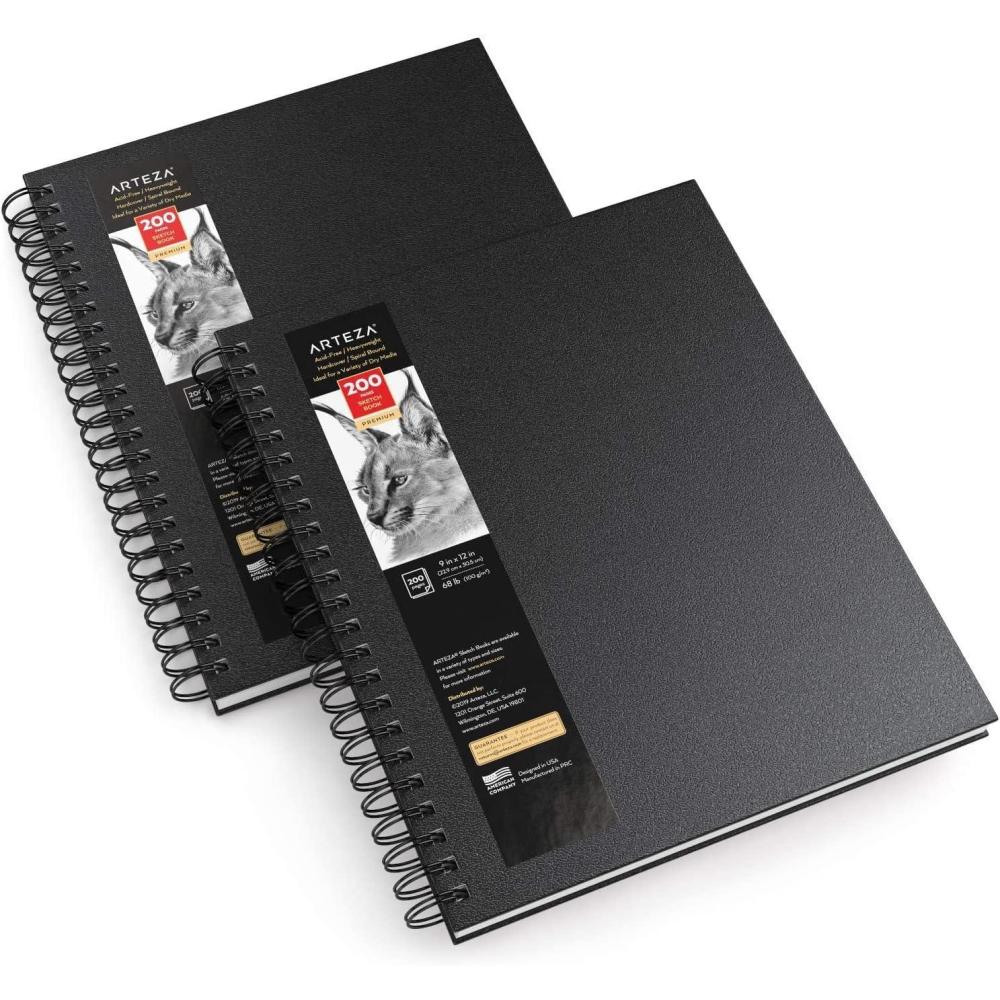 imageARTEZA Spiral Sketch Book 9x12 Drawing Pad 2 Pack 100 Sheets Sketch Pads for Drawing for Adults ampamp TeensBlack