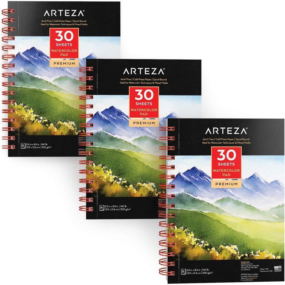 imageARTEZA Watercolor Paper Pack of 3 30 Sheets Each 55x85 Inches Water Pad Spiral Bound 140lb300gsm Cold Press Acid Free Art PaperWhite