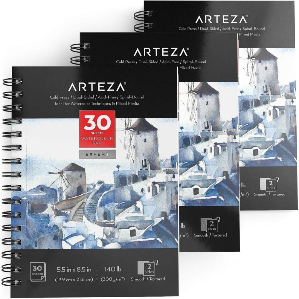 imageARTEZA Watercolor Paper Pack of 3 30 Sheets Each 55x85 Inches Water Pad Spiral Bound 140lb300gsm Cold Press Acid Free Art PaperWhite Expert
