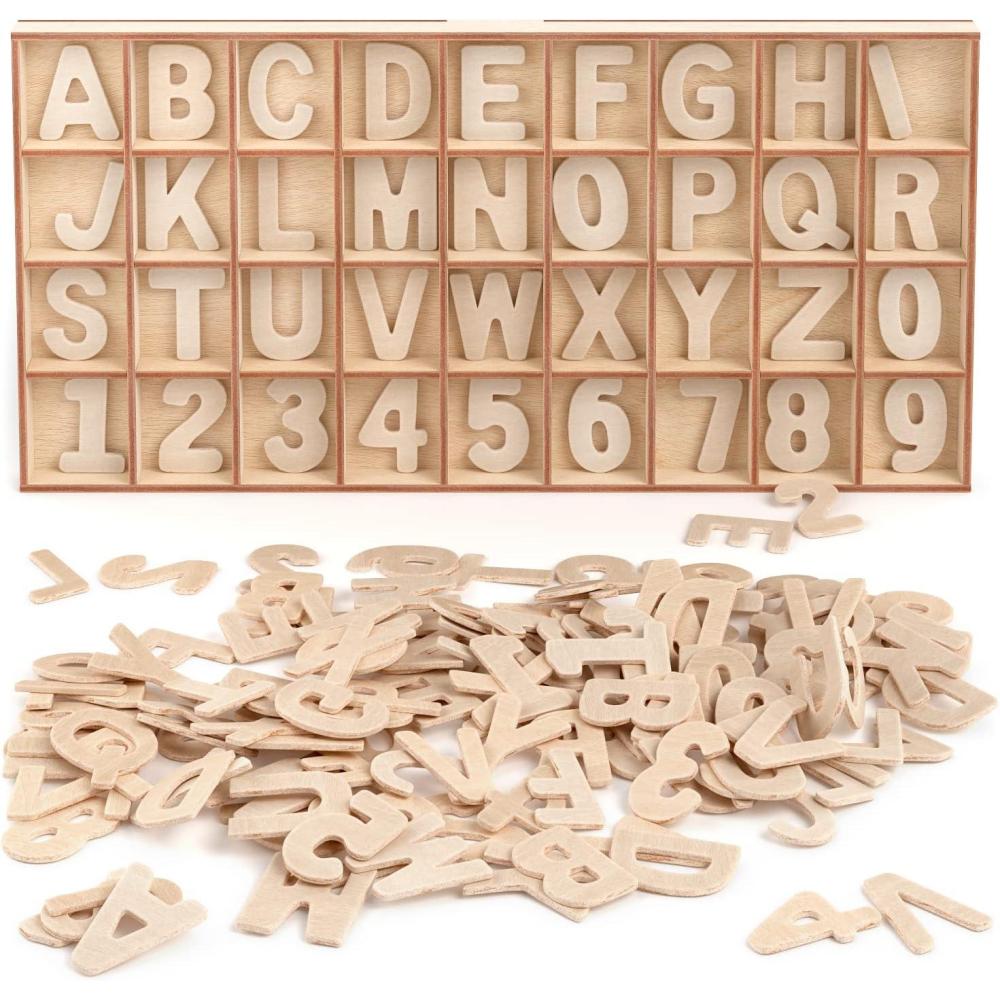 imageARTEZA Wooden Letters and Numbers 144 Unfinished Wood Pieces 104 Letters 40 Numbers Poplar Plywood for Art Projects and DIY Gifts
