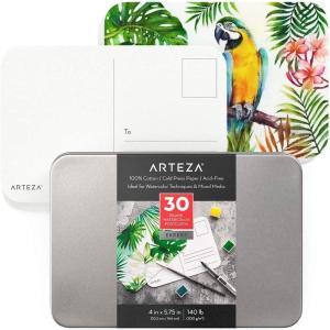 ARTEZA Blank Watercolor Cards with Envelopes, Set of 25, 5×6.9 Inches, 140 lb Watercolor Postcards, 100% Cotton Note Cards(30 pack (4×6 Inch))