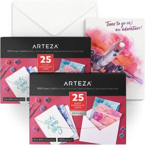 ARTEZA Blank Watercolor Cards with Envelopes, Set of 25, 5×6.9 Inches, 140 lb Watercolor Postcards, 100% Cotton Note Cards(50 pack (5×7 Inch))