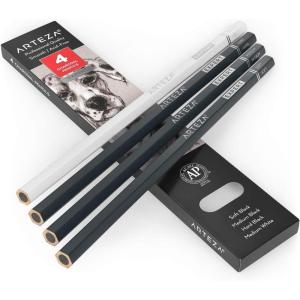 ARTEZA Charcoal Pencil Set, 3 Black Pencils – Soft, Medium, and Hard, and 1 White Pencil – Medium, Art Supplies for Drawing, Sketching & Shading