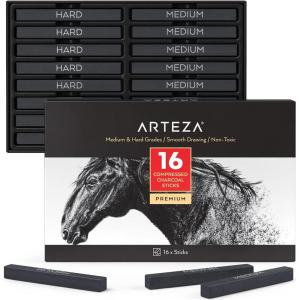 ARTEZA Compressed Charcoal Sticks Set of 16 – Medium and Hard Drawing Crayons for Sketching, Shading, Line Work in Charcoal Art and Figure Drawing