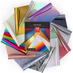 ARTEZA Heat Transfer Vinyl Sheets, 10 x 12 Inches, 12-Pack, Holographic and Rainbow, Flexible HTV for DIY Projects
