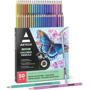 ARTEZA Metallic Colored Pencils, 50 Coloring Pencils, Triangular Grip, Pre-Sharpened Metallic Pencils Set, Art Supplies for Drawing(Metallic)