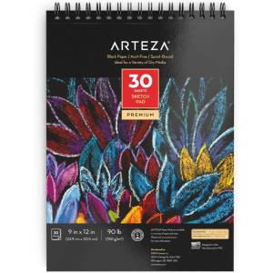 ARTEZA Spiral Sketch Book 9×12 Black Art Paper Drawing Pad 2 Pack 30 Sheets Sketch Pads for Drawing(1 Pack)