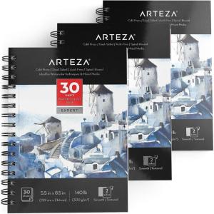 ARTEZA Watercolor Paper, Pack of 3, 30 Sheets Each, 5.5×8.5 Inches Water Pad, Spiral Bound, 140lb/300gsm Cold Press, Acid Free Art Paper(White Expert)