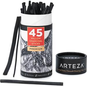 ARTEZA Willow Charcoal Sticks, Set of 45, Assorted Thin, Medium, and Thick Sketching Charcoal