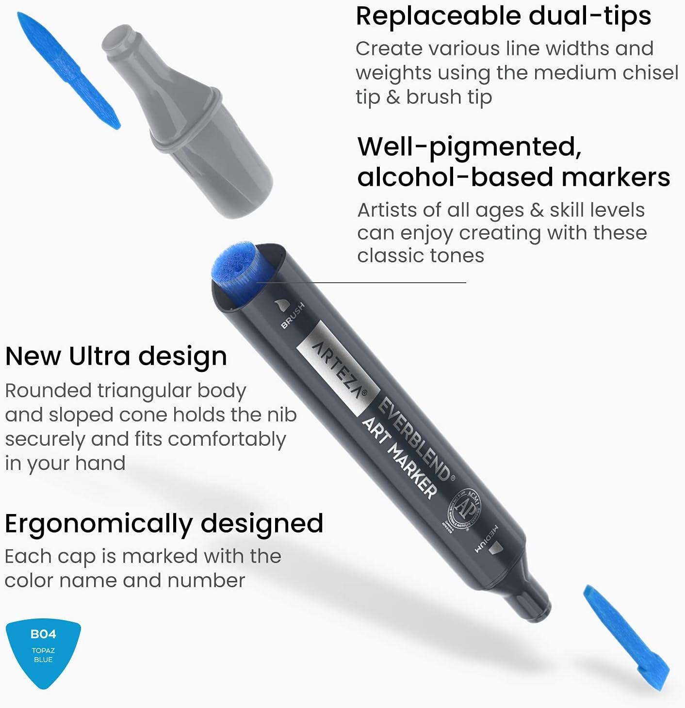 imageARTEZA Alcohol Markers Set of 12 Classic Colors EverBlend DualTip Markers for Adult Coloring  Medium Chisel and Brush NibClassic Tones