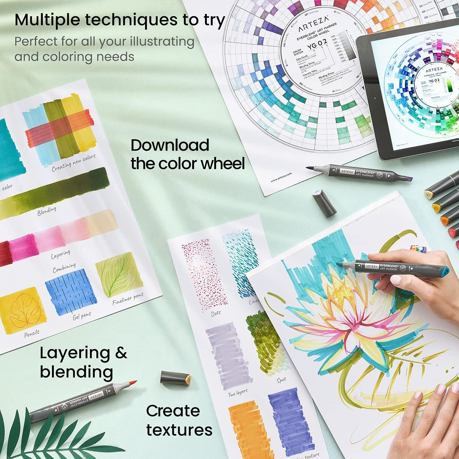 imageARTEZA Alcohol Markers Set of 12 Classic Colors EverBlend DualTip Markers for Adult Coloring  Medium Chisel and Brush NibFlora Tones