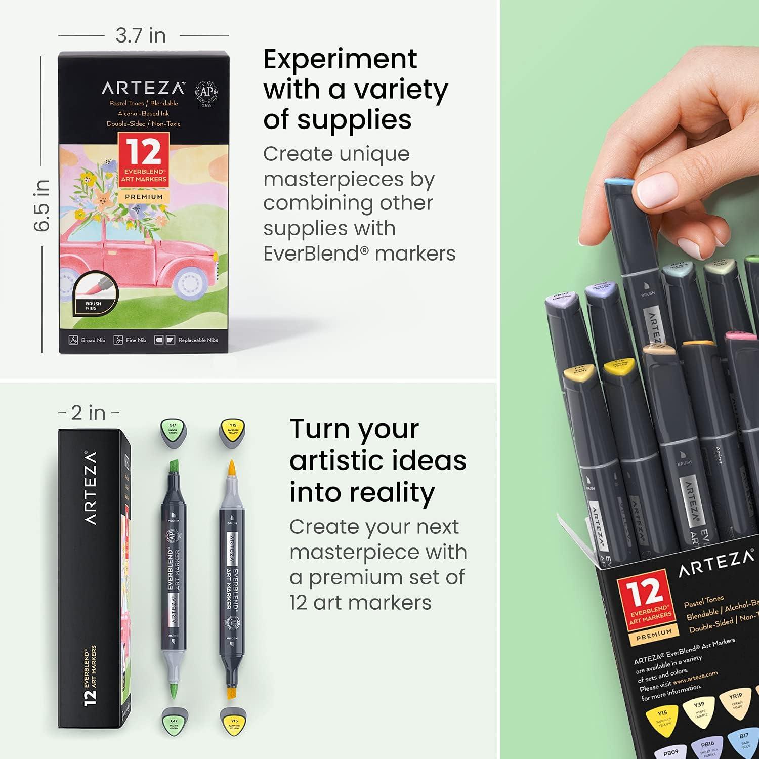 imageARTEZA Alcohol Markers Set of 12 Classic Colors EverBlend DualTip Markers for Adult Coloring  Medium Chisel and Brush NibPastel Tones