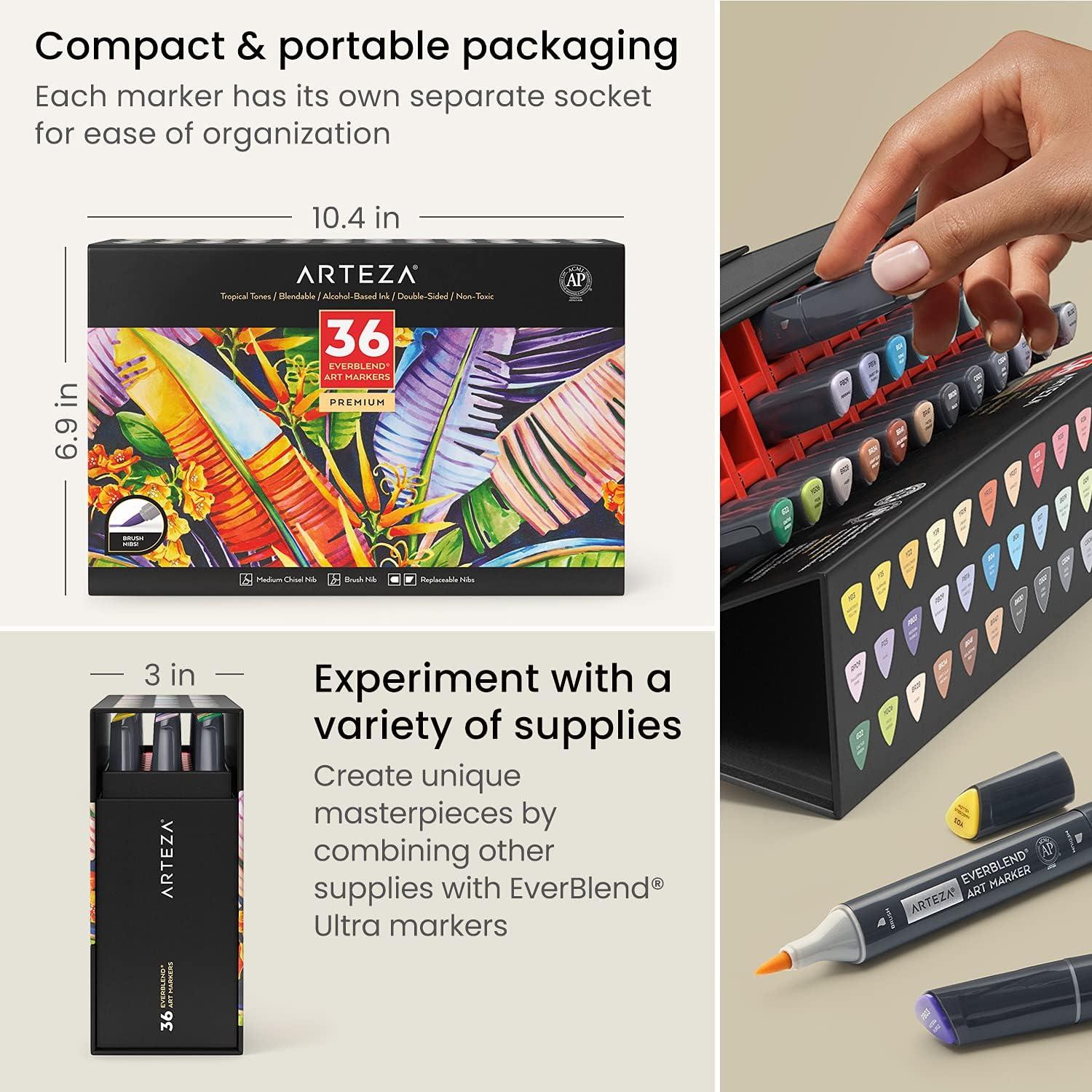 imageARTEZA Alcohol Markers Set of 12 Classic Colors EverBlend DualTip Markers for Adult Coloring Medium Chisel and Brush NibTropical Tones