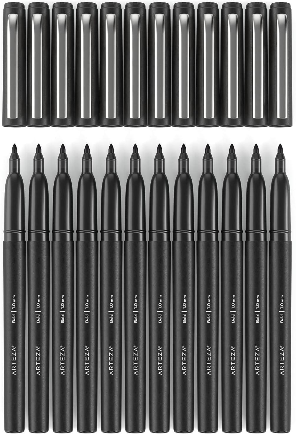 imageARTEZA Black Felt Tip Pens Pack of 12 1015 mm Fiber Tip QuickDrying WaterBased Ink Art Supplies for School Office and HomeBlack