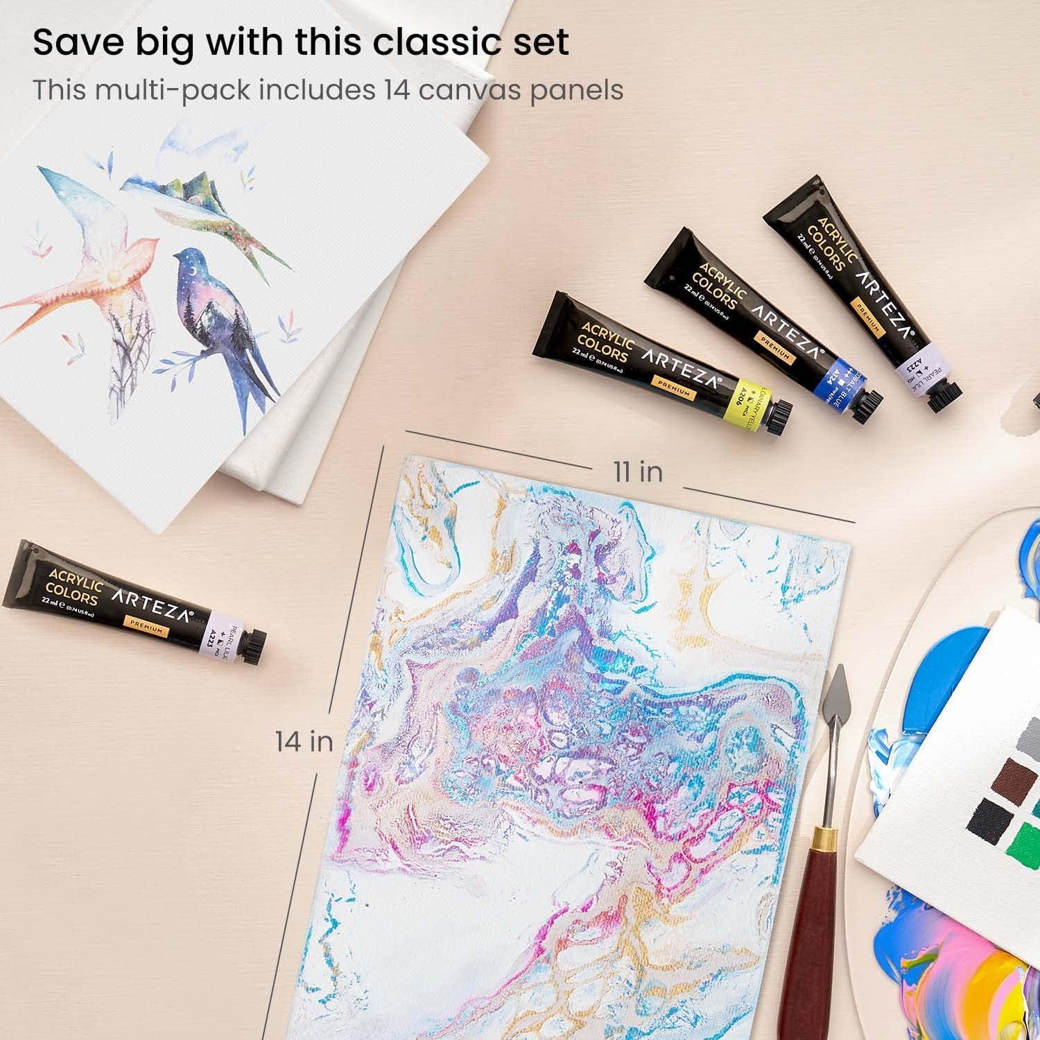 imageARTEZA Canvas Boards for Painting 8 x 10 Inches Pack of 28 Blank White Canvas Panels for Acrylic Oil and Gouache Painting11 x 14 Pack of 14