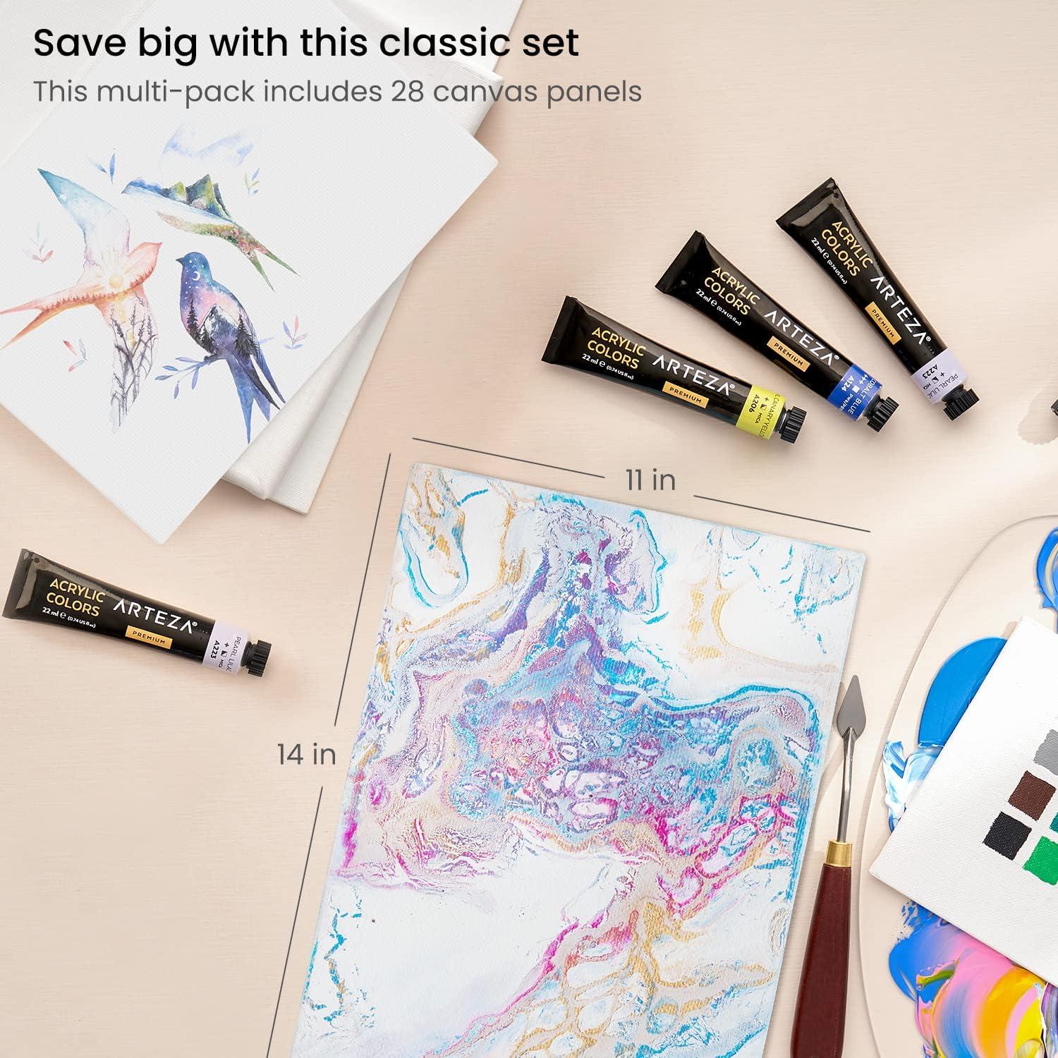 imageARTEZA Canvas Boards for Painting 8 x 10 Inches Pack of 28 Blank White Canvas Panels for Acrylic Oil and Gouache Painting11 x 14 Pack of 28