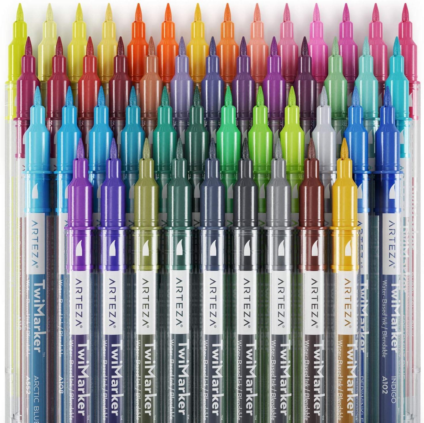 imageARTEZA Dual Tip Brush Markers Set of 100 Art Markers with Fine and Brush Tips Dual Tip Pens for Adult Coloring Calligraphy Sketching Doodling1 Count Pack of 48