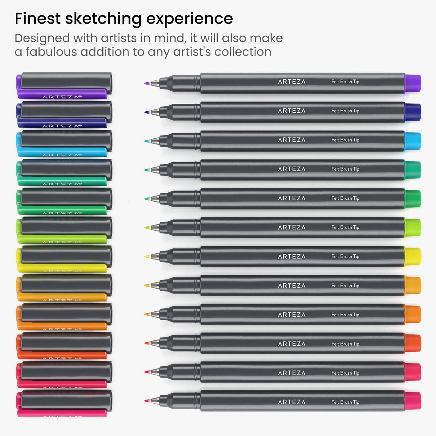 imageARTEZA Felt Tip Pens Set of 12 Bright Brush Tip Calligraphy Pens for Note Taking Sketching CrossHatching and Outlining DyeBased Ink SmearFree