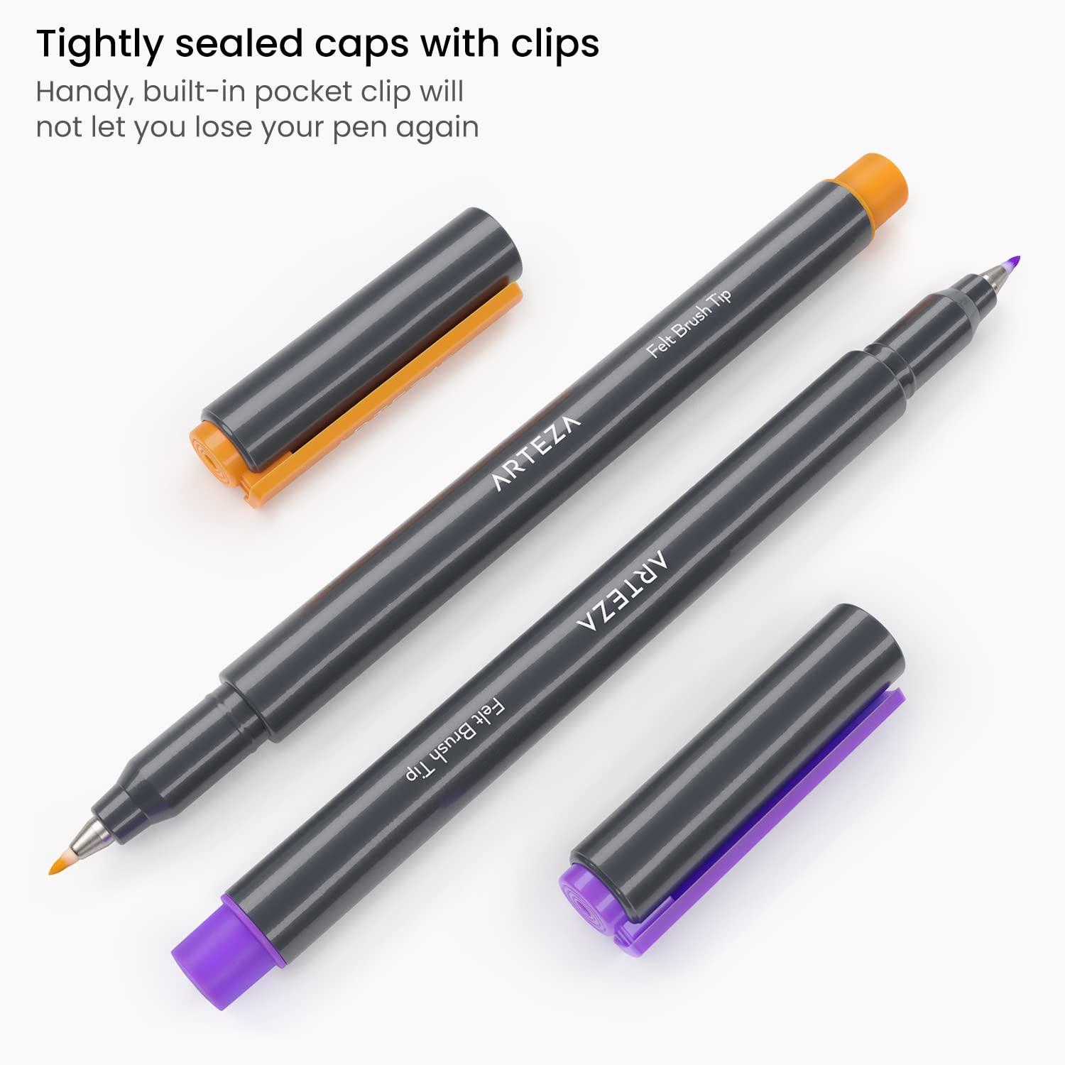 imageARTEZA Felt Tip Pens Set of 12 Bright Brush Tip Calligraphy Pens for Note Taking Sketching CrossHatching and Outlining DyeBased Ink SmearFree