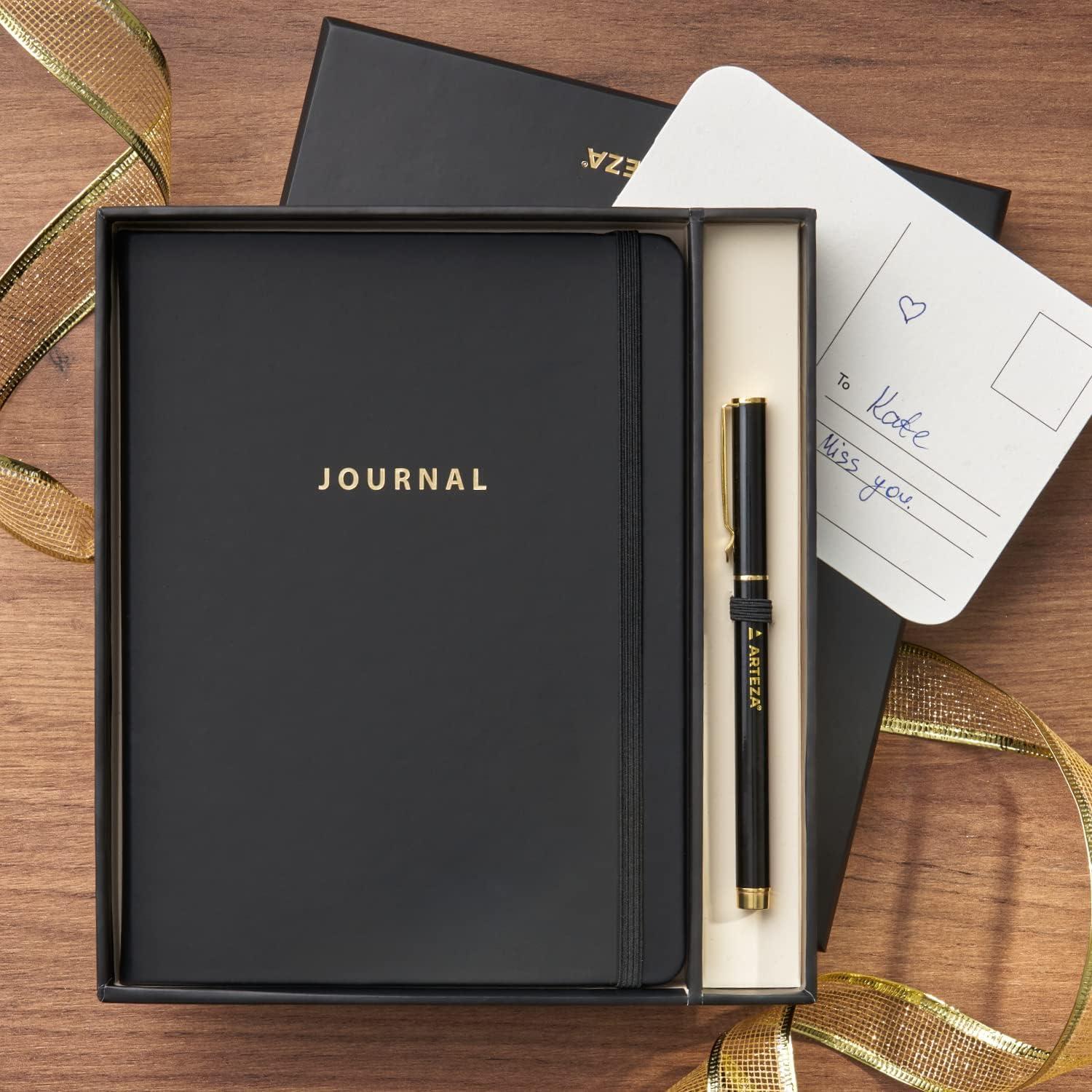 imageARTEZA Journal Gift Set Pack of 2 6x8 Inches 70 Sheet Notebooks with DoubleSided Lined and Dotted Paper Journal Holder and 1 Black Ink PenBlack
