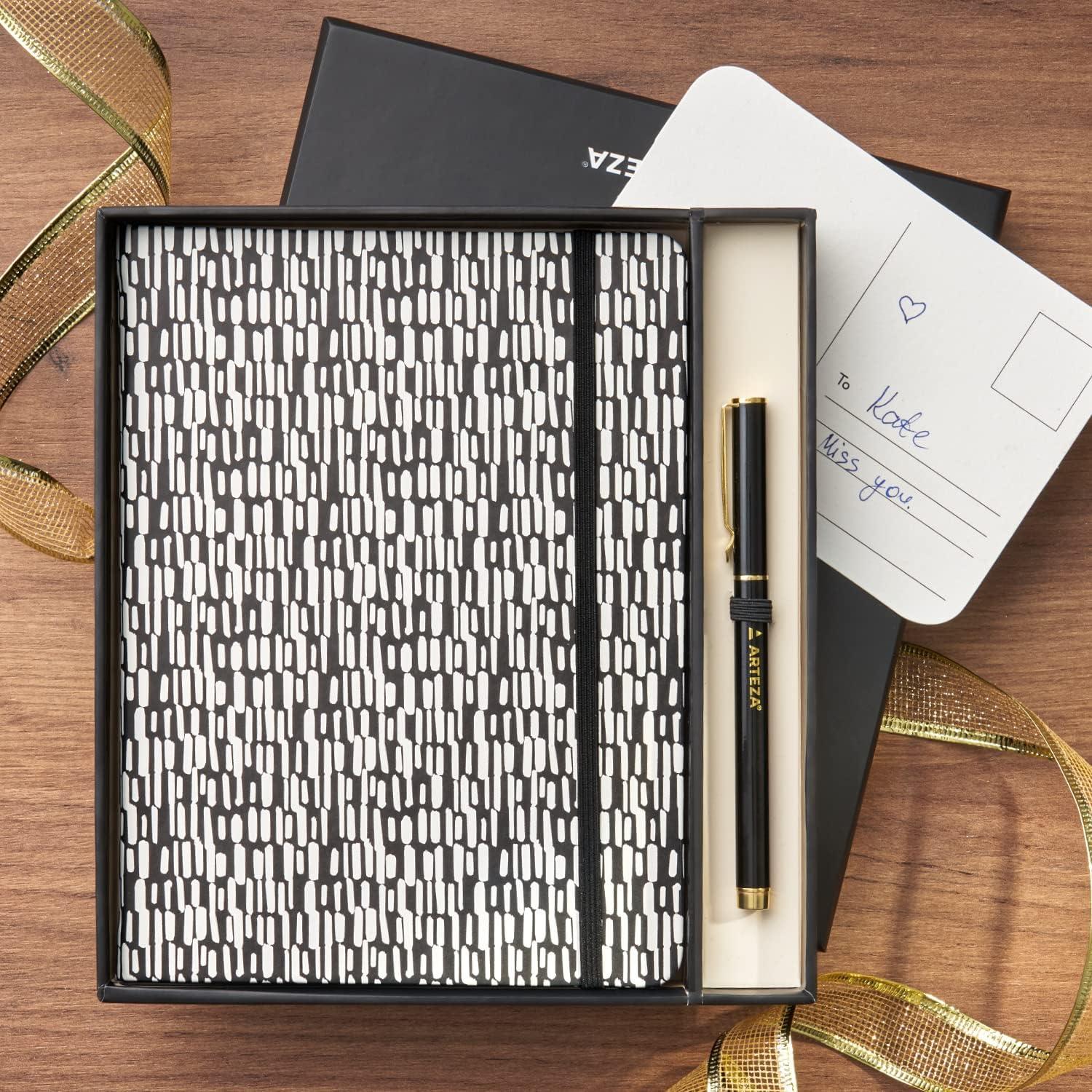 imageARTEZA Journal Gift Set Pack of 2 6x8 Inches 70 Sheet Notebooks with DoubleSided Lined and Dotted Paper Journal Holder and 1 Black Ink PenBlackWhite