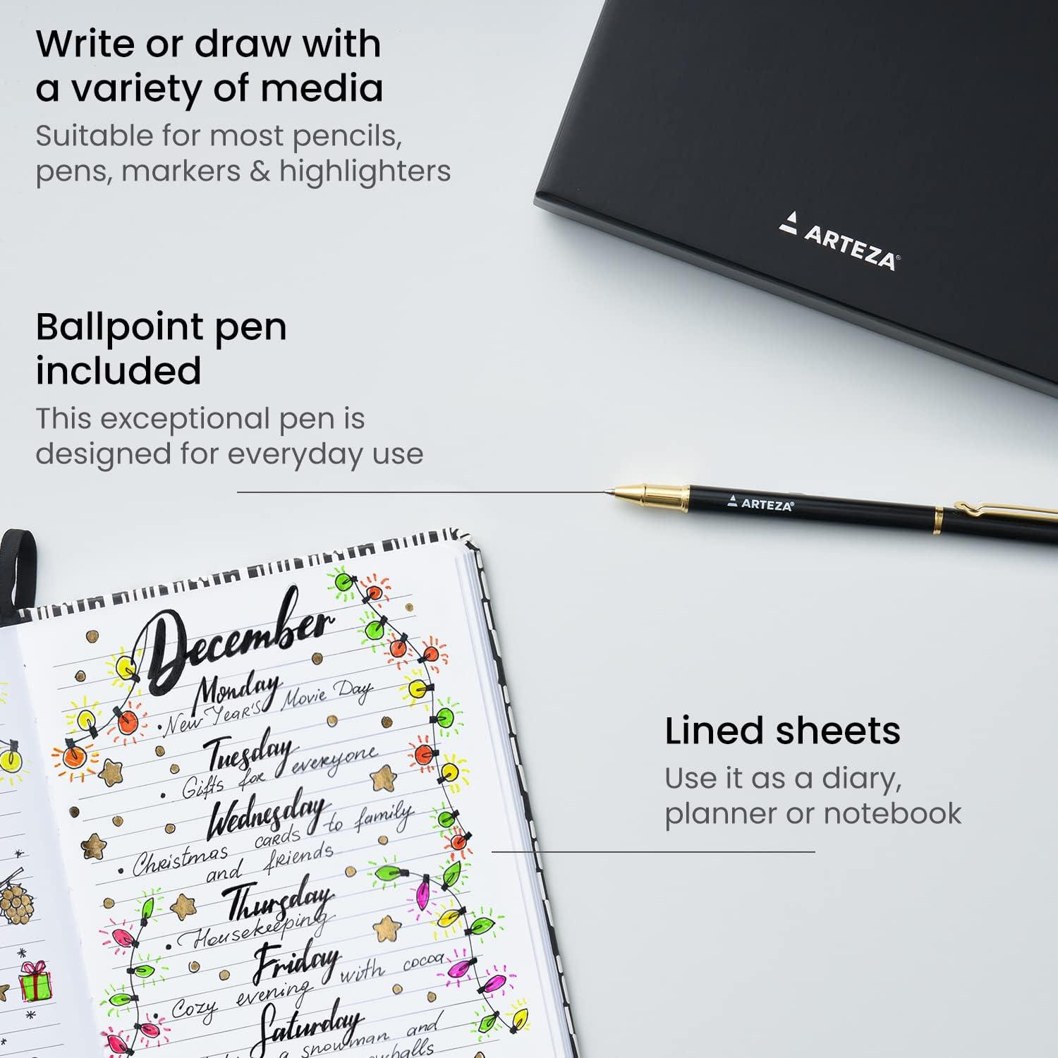 imageARTEZA Journal Gift Set Pack of 2 6x8 Inches 70 Sheet Notebooks with DoubleSided Lined and Dotted Paper Journal Holder and 1 Black Ink PenBlackWhite