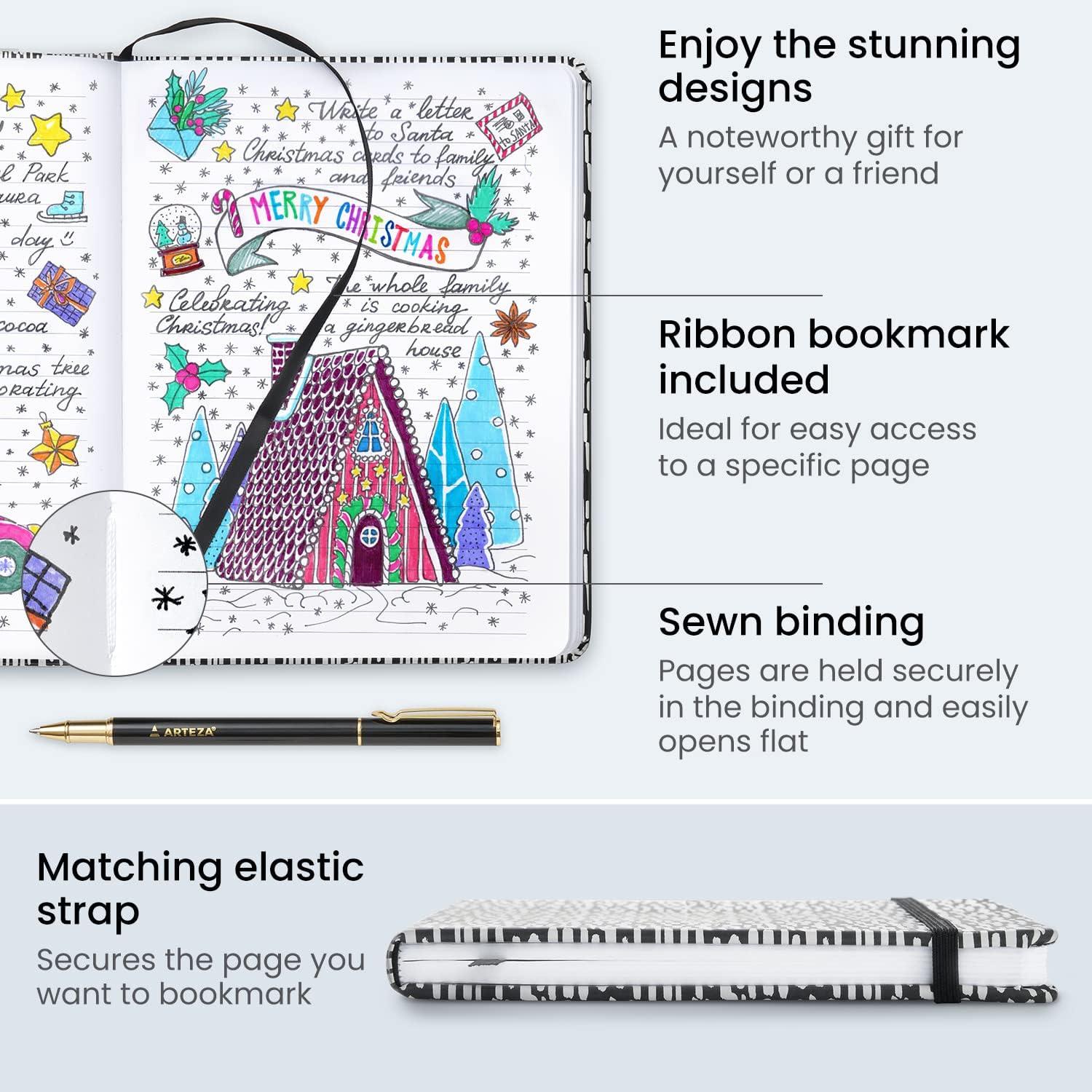 imageARTEZA Journal Gift Set Pack of 2 6x8 Inches 70 Sheet Notebooks with DoubleSided Lined and Dotted Paper Journal Holder and 1 Black Ink PenBlackWhite