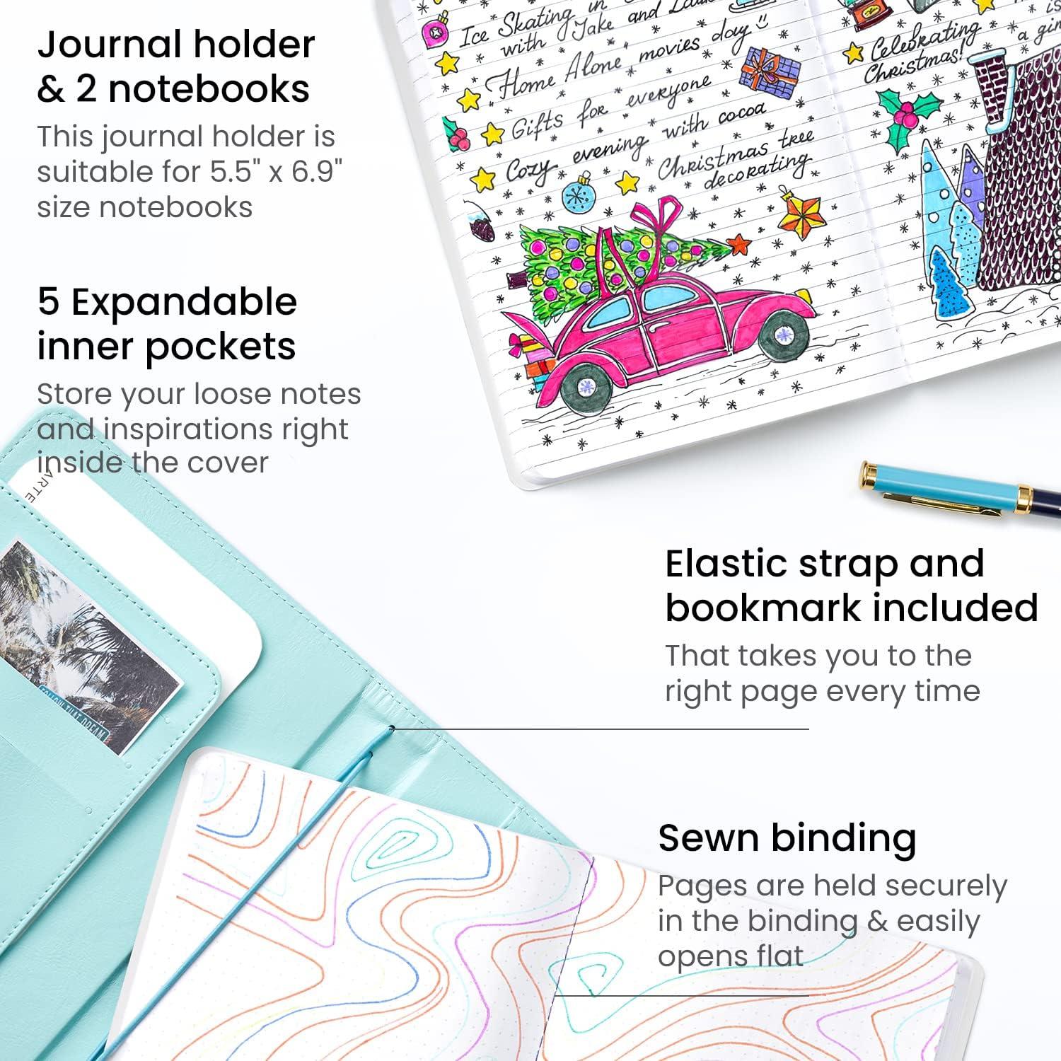 imageARTEZA Journal Gift Set Pack of 2 6x8 Inches 70 Sheet Notebooks with DoubleSided Lined and Dotted Paper Journal Holder and 1 Black Ink PenBlue