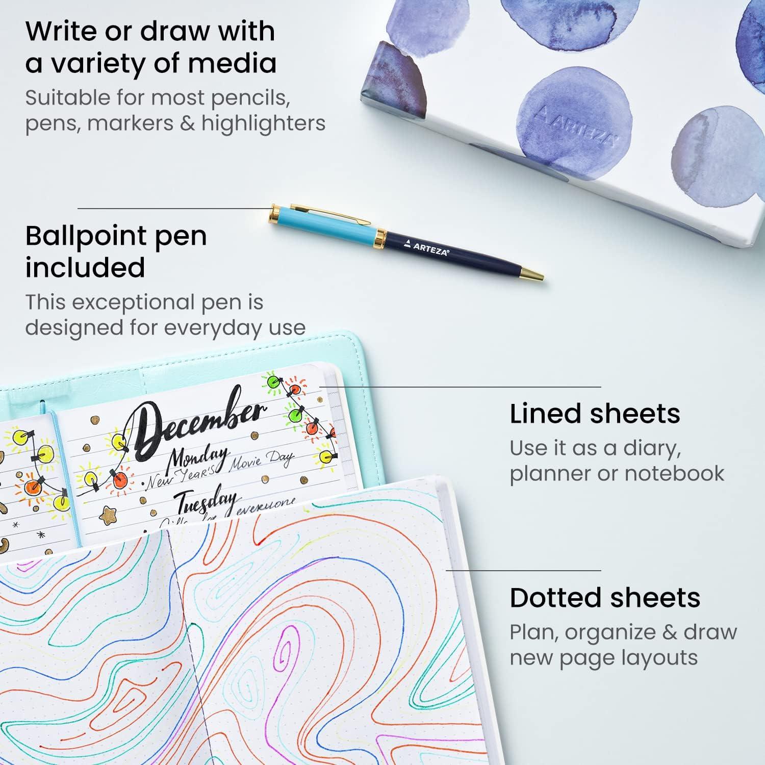 imageARTEZA Journal Gift Set Pack of 2 6x8 Inches 70 Sheet Notebooks with DoubleSided Lined and Dotted Paper Journal Holder and 1 Black Ink PenBlue
