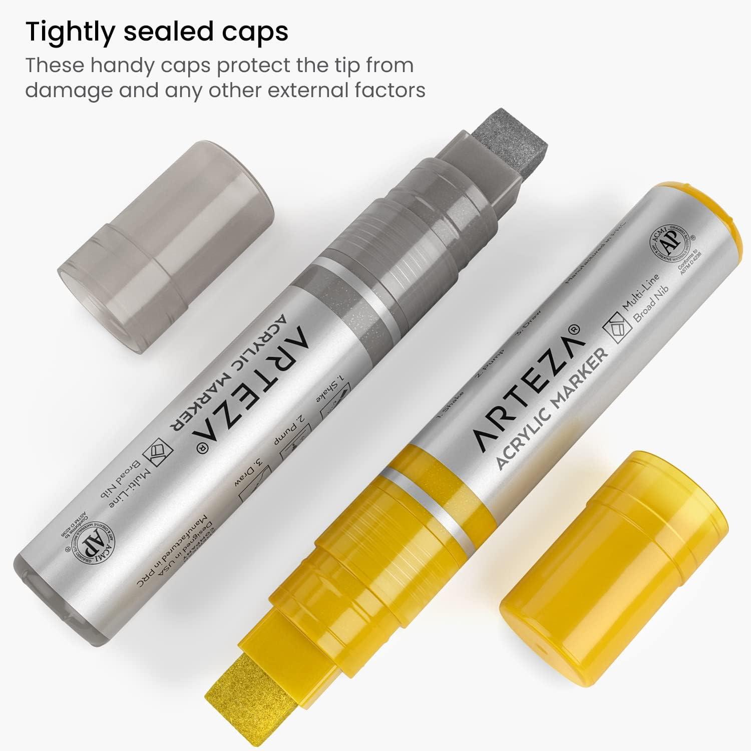 imageARTEZA Metallic Acrylic Paint Pens Set of 2 Silver ampamp Gold 3in1 MultiLine Nibs 515 mm Line UVResistant Paint Markers for Rocks Glass Metal and Wood Art Supplies for Office and HomeSilverGold