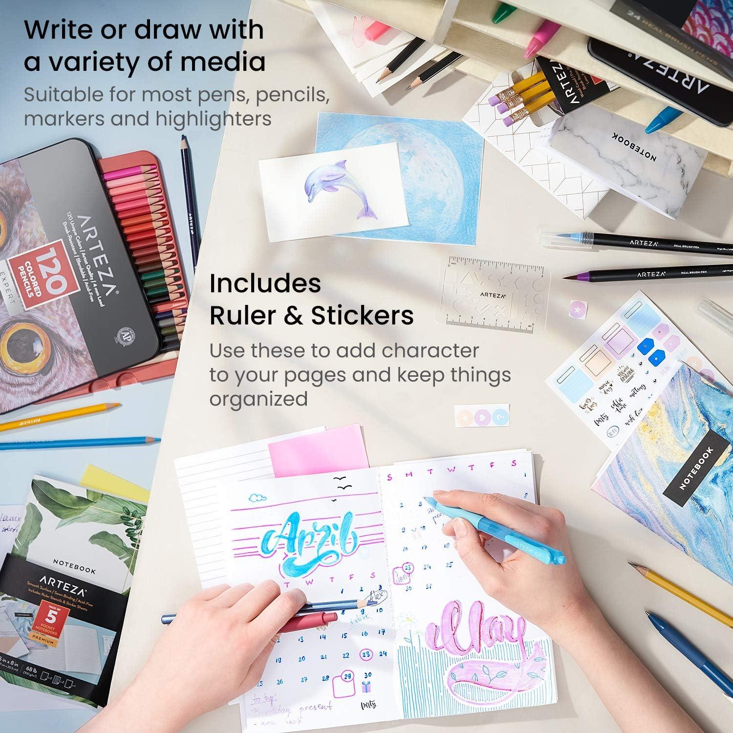 imageARTEZA Pocket Notebooks 5 x 8 Inches Set of 5 40 Sheets Each Abstract Design 2 Ruled 2 Dotted and 1 Blank Softcover Journal with Smooth PaperVarious Designs