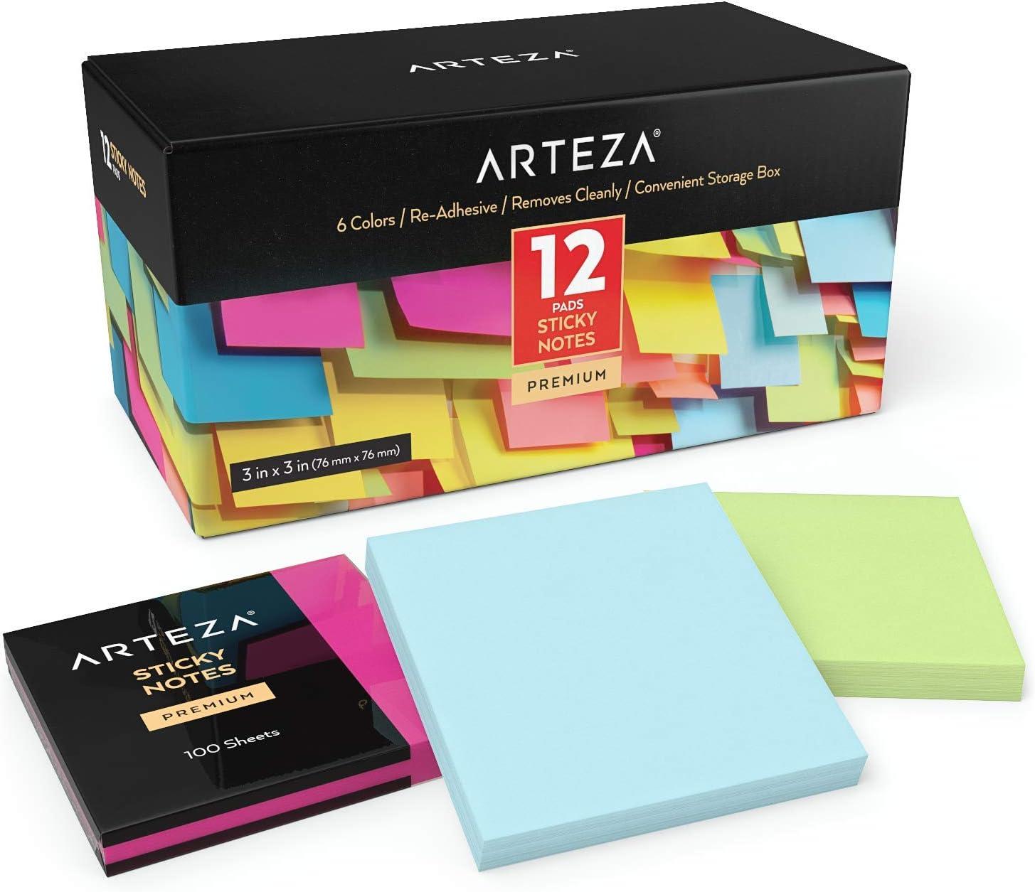ARTEZA Sticky Notes 12 Pads, 100 Sheets, 6 Assorted Colors, Re-Adhesive ...
