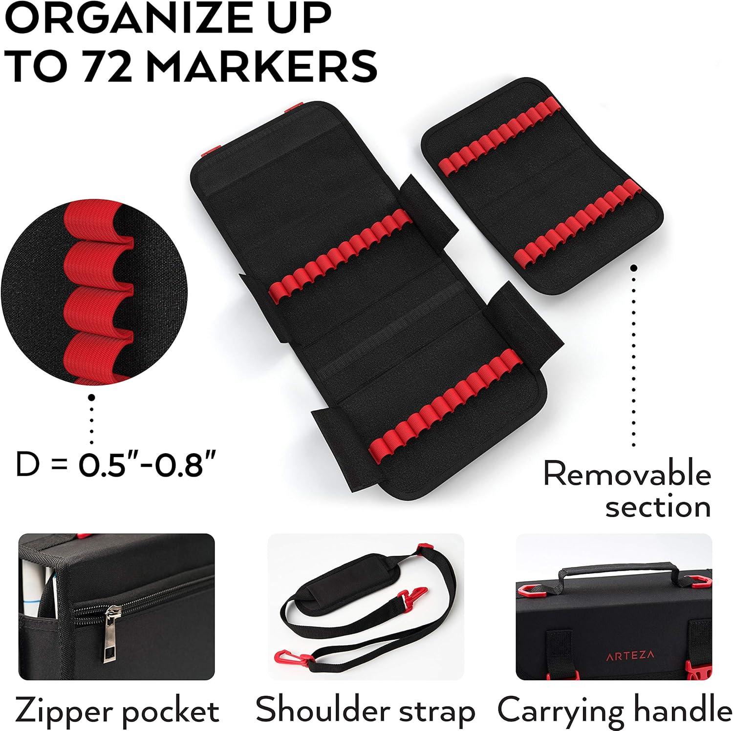 imageArteza Art Markers Organizer 72 Slots Carrying Case for Travel ampamp Storage with Zipper Pocket Handle Removable ampamp Adjustable Strap Art Supplies for Artists And Beginners BlackBlack