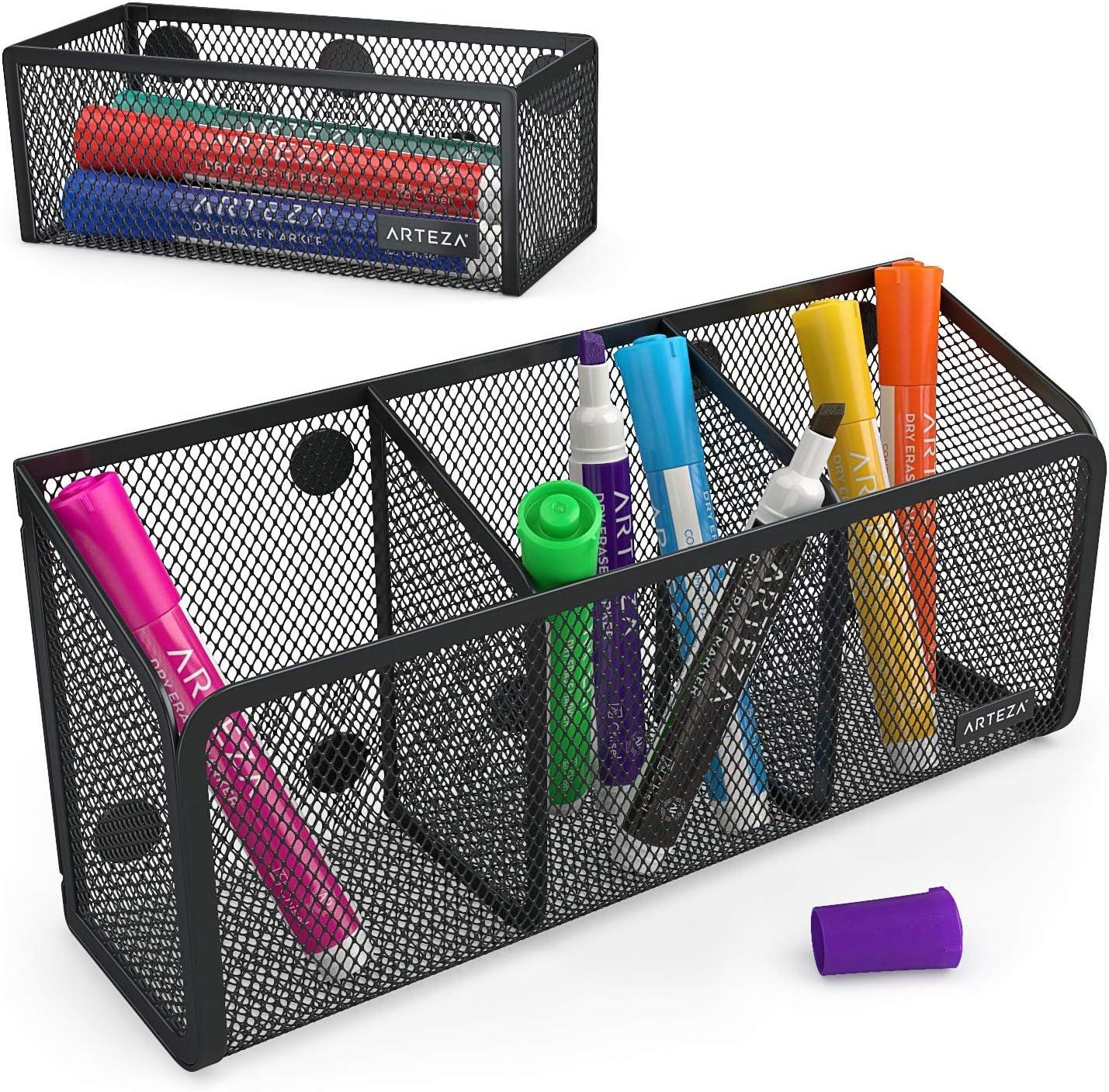 imageArteza Mesh Magnetic Basket Organizers Include 12 Dry Erase Markers Set of 2 Mesh Storage Baskets for Holding Whiteboard ampamp Office Accessories