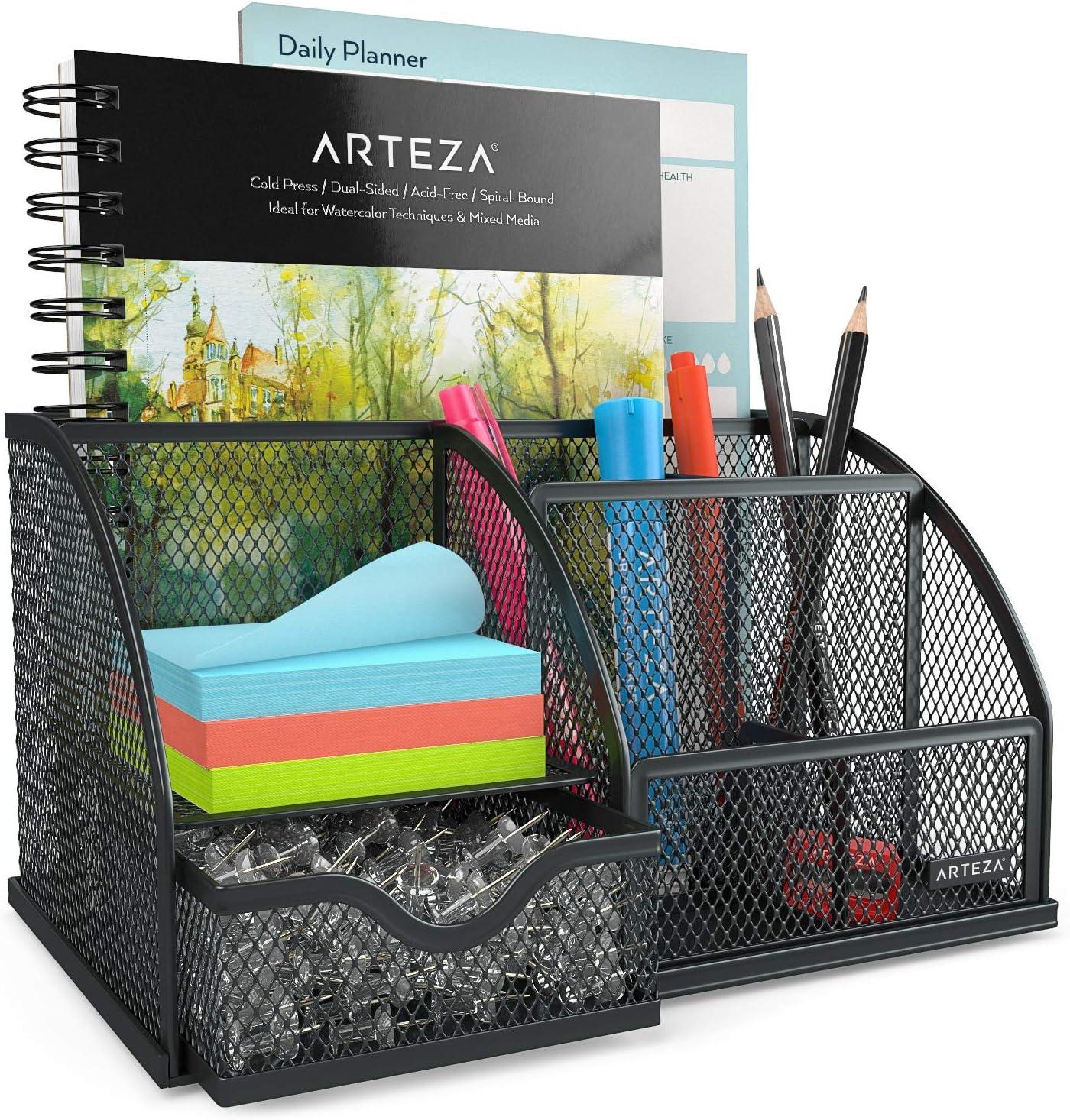 imageArteza Mesh Metal Office Desk Organizer with Drawer 6Compartment MultiFunctional Design Holds Office Supplies ampamp Accessories Like Pens Pencils Notes Staplers ampamp Scissors Black6 Compartment