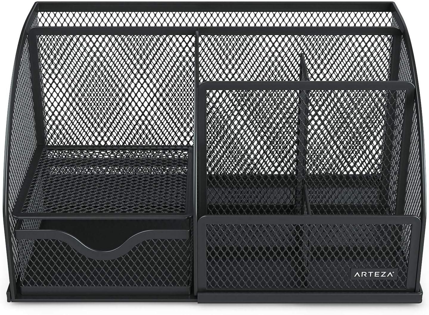imageArteza Mesh Metal Office Desk Organizer with Drawer 6Compartment MultiFunctional Design Holds Office Supplies ampamp Accessories Like Pens Pencils Notes Staplers ampamp Scissors Black6 Compartment