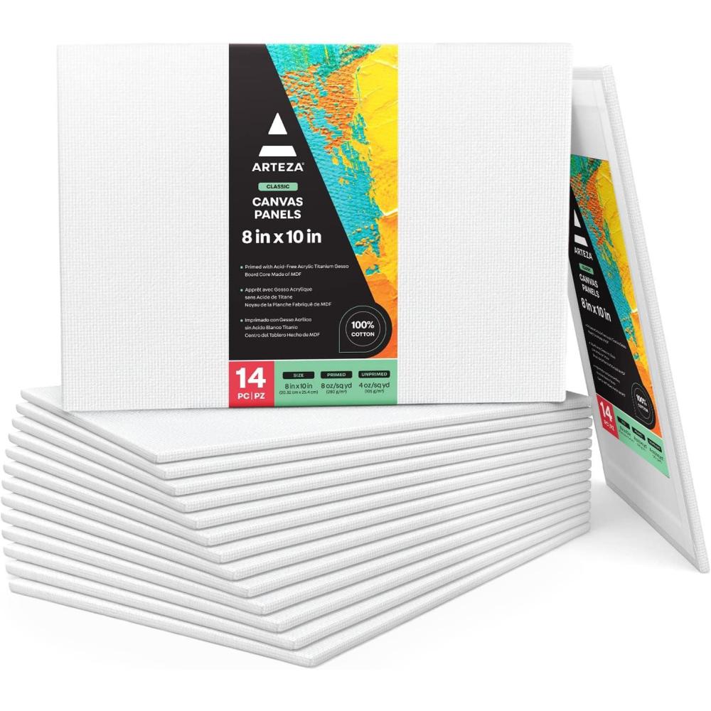 imageARTEZA Canvas Boards for Painting 8 x 10 Inches Pack of 28 Blank White Canvas Panels for Acrylic Oil and Gouache Painting10L x 8W