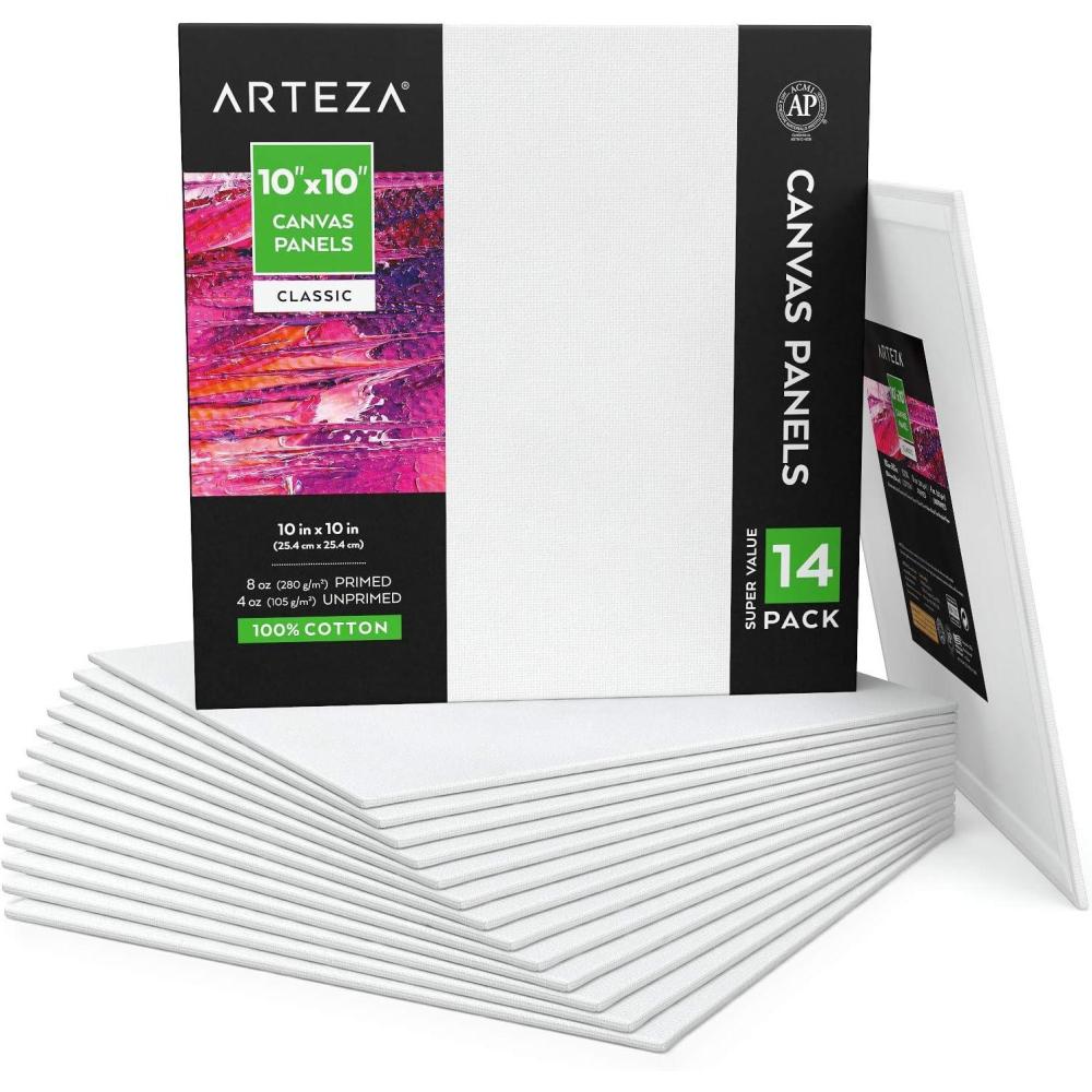 imageARTEZA Canvas Boards for Painting 8 x 10 Inches Pack of 28 Blank White Canvas Panels for Acrylic Oil and Gouache Painting10x10
