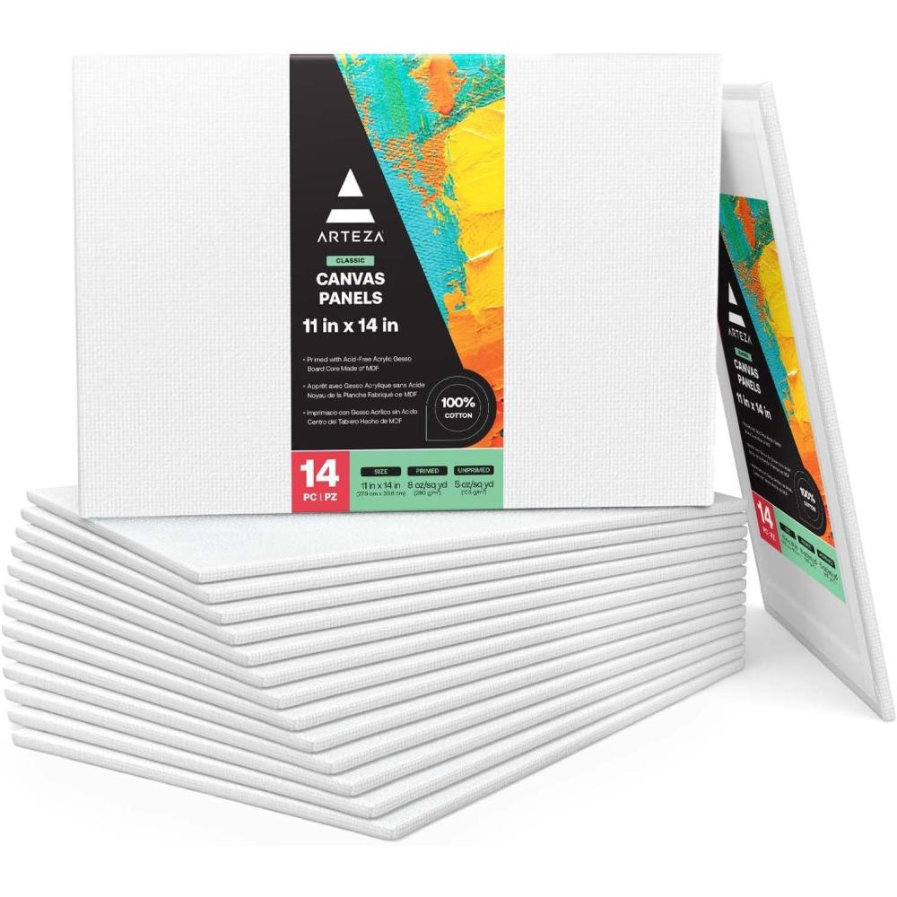 imageARTEZA Canvas Boards for Painting 8 x 10 Inches Pack of 28 Blank White Canvas Panels for Acrylic Oil and Gouache Painting11 x 14 Pack of 14
