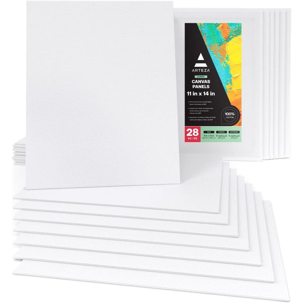 imageARTEZA Canvas Boards for Painting 8 x 10 Inches Pack of 28 Blank White Canvas Panels for Acrylic Oil and Gouache Painting11 x 14 Pack of 28