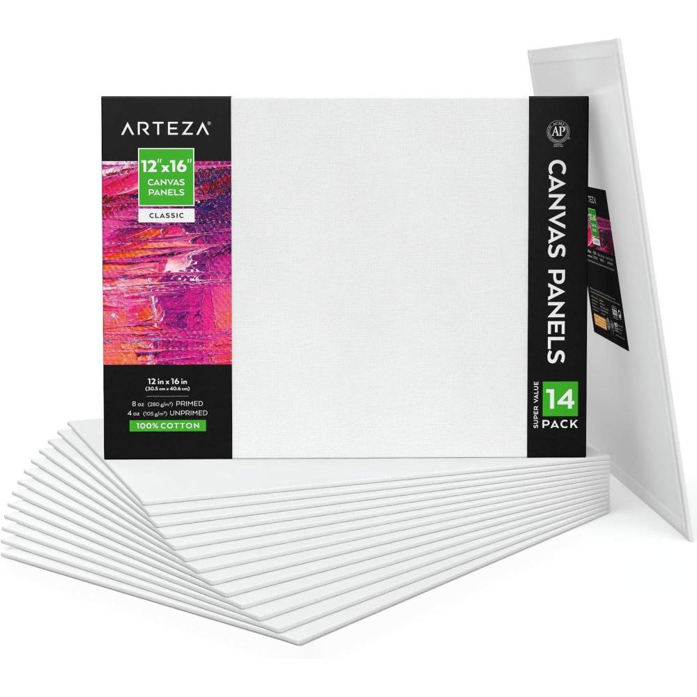 imageARTEZA Canvas Boards for Painting 8 x 10 Inches Pack of 28 Blank White Canvas Panels for Acrylic Oil and Gouache Painting12x16
