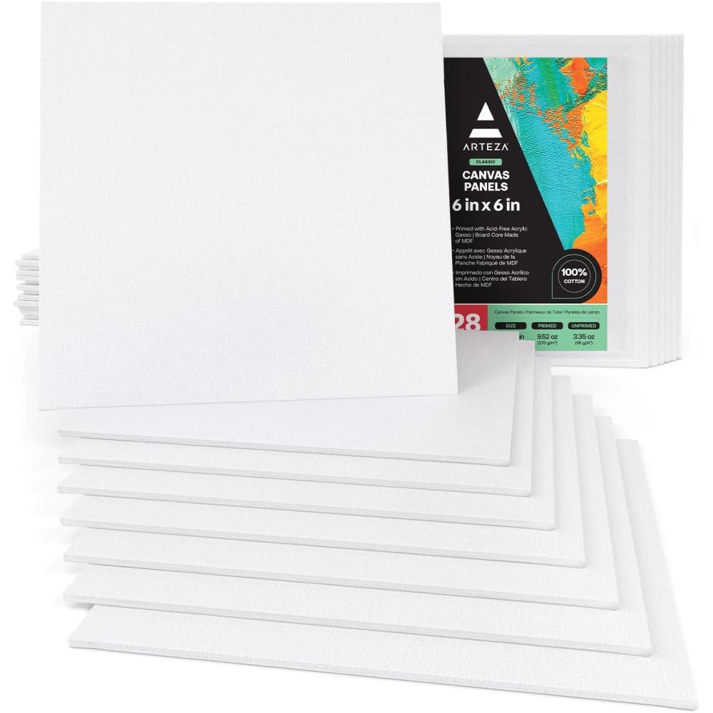 imageARTEZA Canvas Boards for Painting 8 x 10 Inches Pack of 28 Blank White Canvas Panels for Acrylic Oil and Gouache Painting6 x 6 Pack of 28