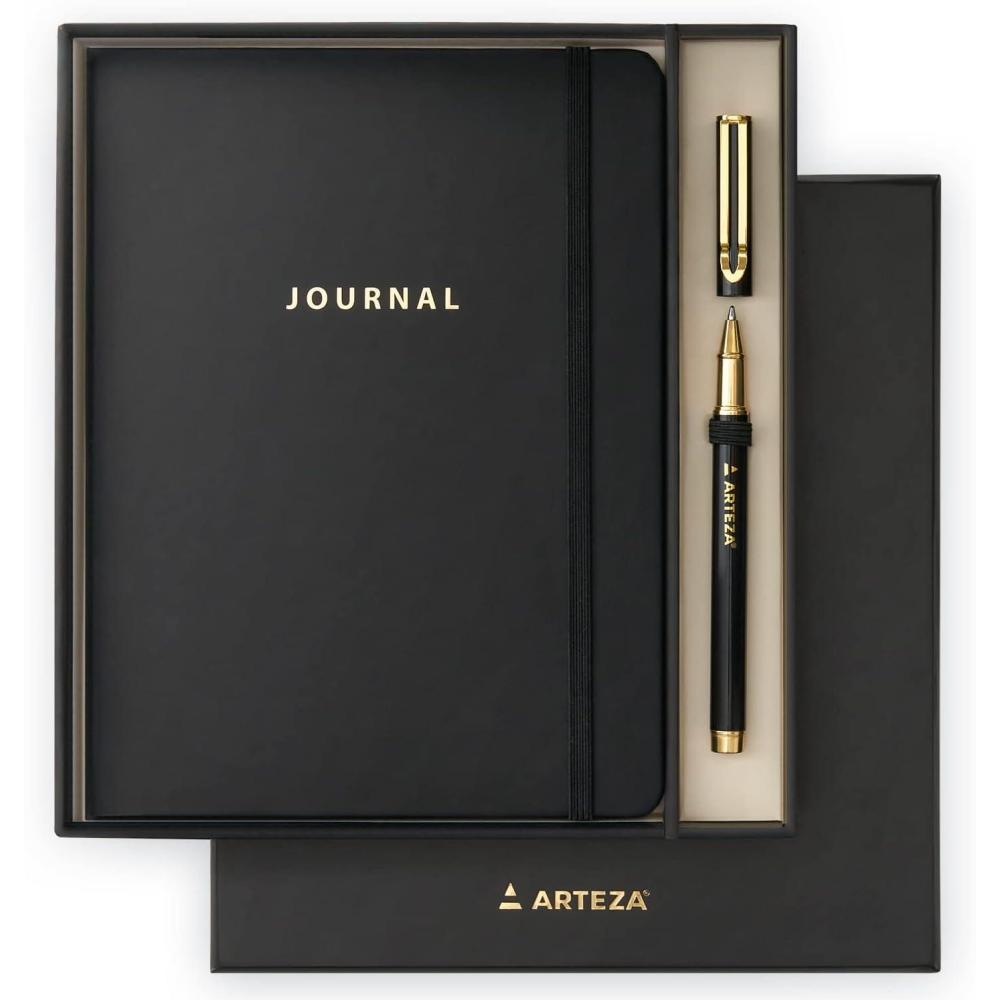 imageARTEZA Journal Gift Set Pack of 2 6x8 Inches 70 Sheet Notebooks with DoubleSided Lined and Dotted Paper Journal Holder and 1 Black Ink PenBlack