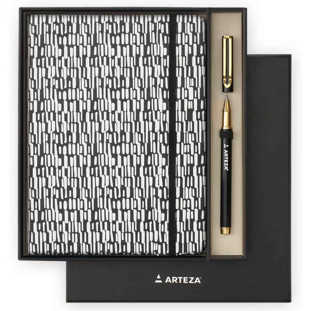 imageARTEZA Journal Gift Set Pack of 2 6x8 Inches 70 Sheet Notebooks with DoubleSided Lined and Dotted Paper Journal Holder and 1 Black Ink PenBlackWhite