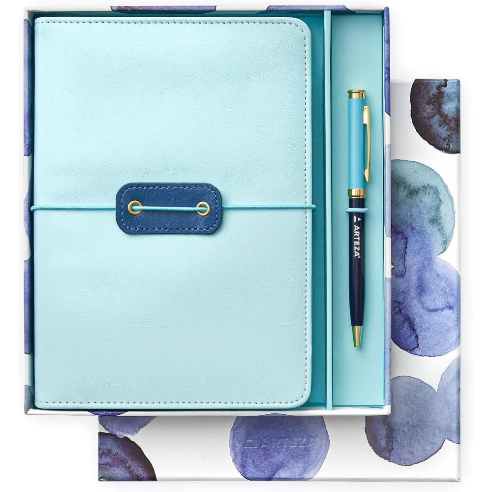imageARTEZA Journal Gift Set Pack of 2 6x8 Inches 70 Sheet Notebooks with DoubleSided Lined and Dotted Paper Journal Holder and 1 Black Ink PenBlue